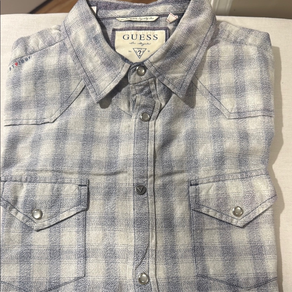 GUESS Men's Gray and White Checkered Shirt